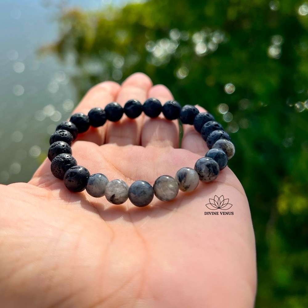 Tourmalinated Quartz & Lava Rock Stretch Bracelet – 7.5” Unisex